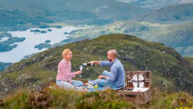 Guests enjoy a scenic picnic with champagne and views of lush mountains and a serene lake, embodying a tranquil retreat.
